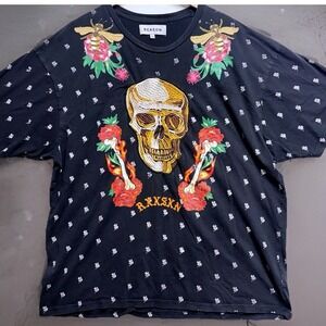 Reason Skull Fire & Roses Embroidered T-Shirt Mens Size XXL Black AOP